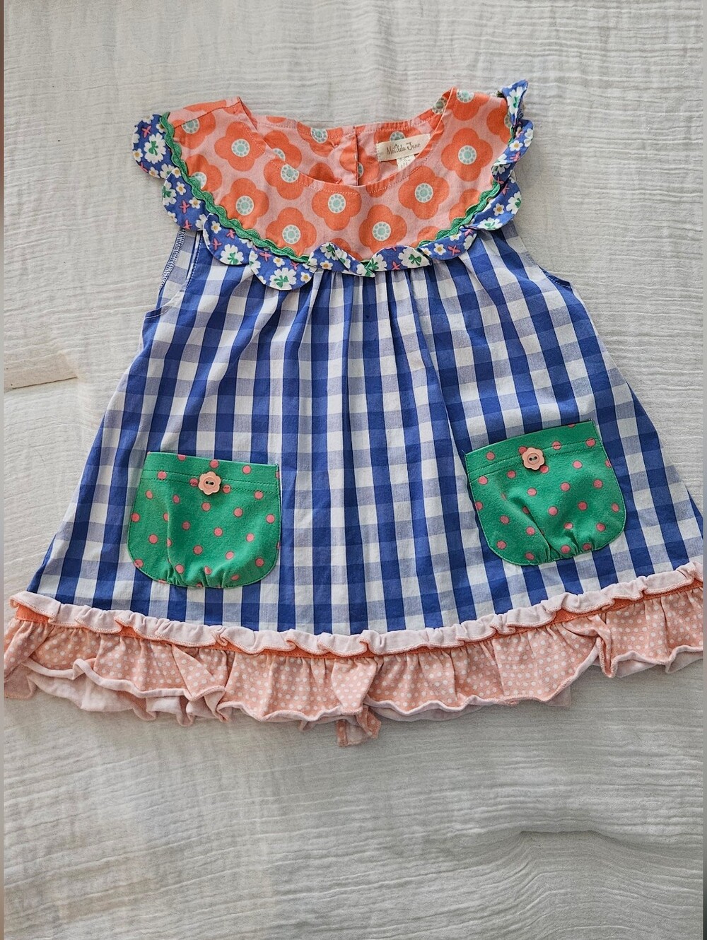 Matilda Jane Blue Gingham Dress with Green Pockets and Coral Accents Size 6